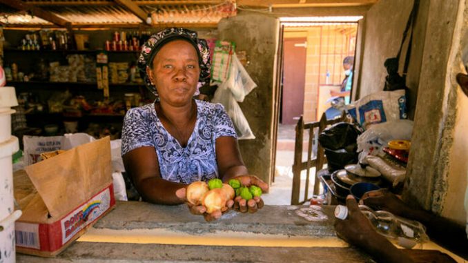 Haitian merchant woman holding onions and peppers Photo WFP 696x464