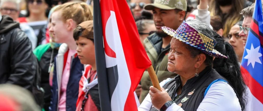 Supporters of the hikoi rally at the Bridge of Remembrance in Christchurch. Photo RNZ Nathan Mckinnon