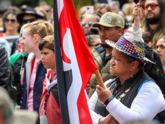 Supporters of the hikoi rally at the Bridge of Remembrance in Christchurch. Photo RNZ Nathan Mckinnon