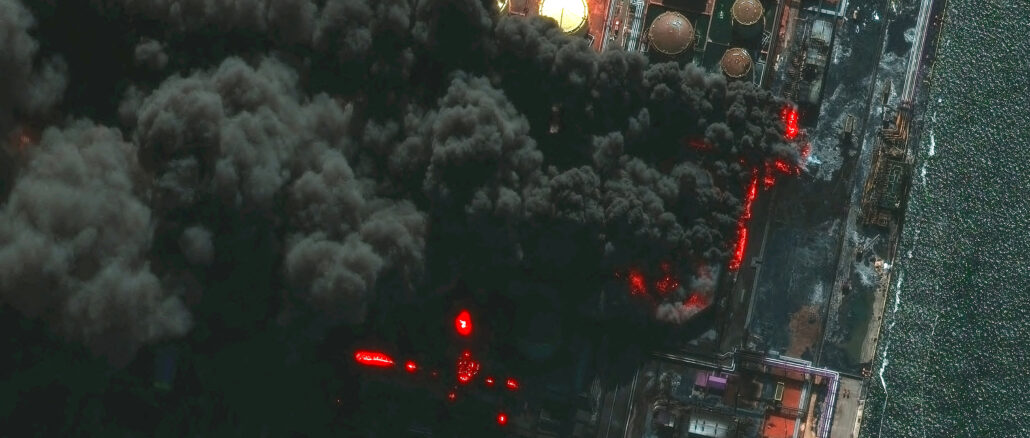 A satellite image shows smoke rising from Russia's Baltic port of Ust Luga