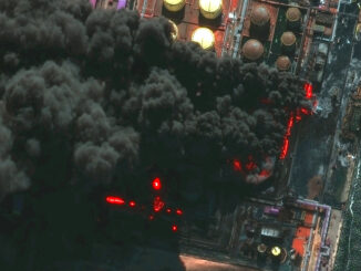 A satellite image shows smoke rising from Russia's Baltic port of Ust Luga