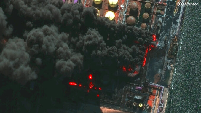 A satellite image shows smoke rising from Russia's Baltic port of Ust Luga